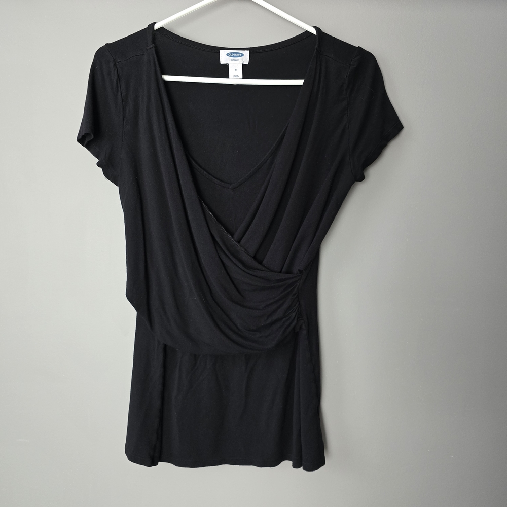Size Med Maternity Black Draped Front Short Sleeve Top